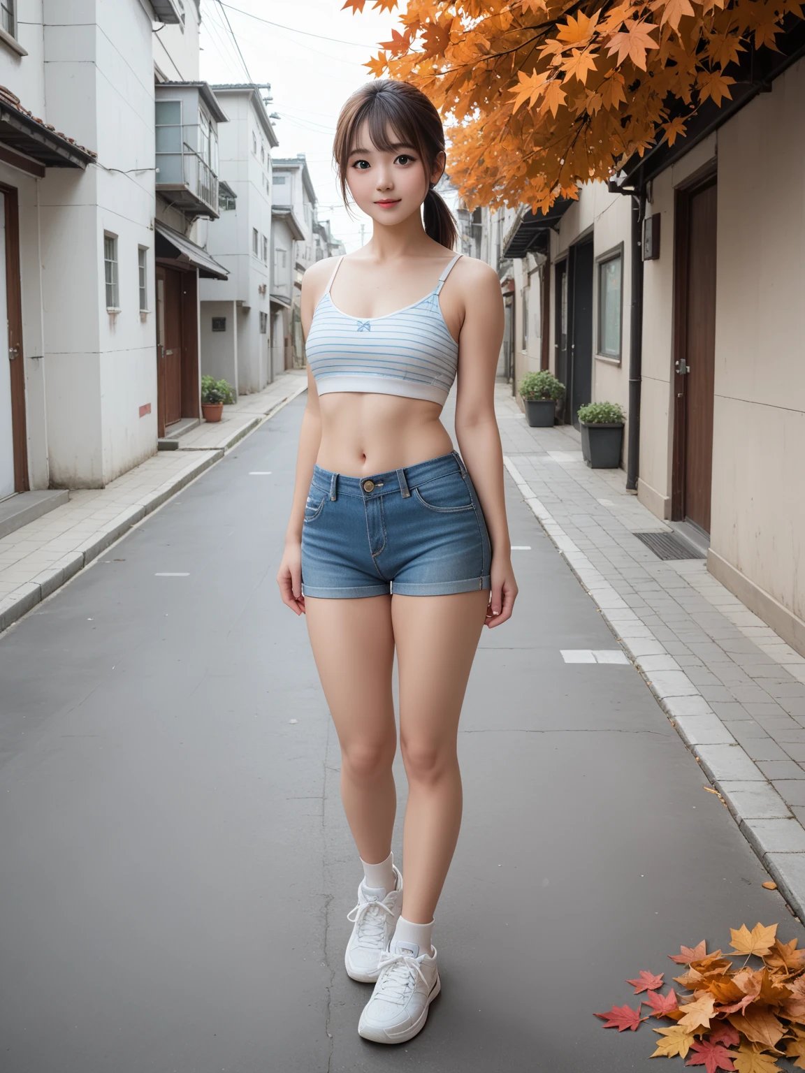 ((Tremendously large breasts))), ((Tomboy, small head)), Sunlight, Nikko, (Chiseled abs: 1.1), (Perfect body: 1.1), (Short wavy hair: 1.2), Reddish brown hair, collar, chain, full body shot, crowded street, black tank top, jeans jacket, (((Shorts)), seaside, beach, (Highly detailed CG 8k wallpaper), ( Very delicate and beautiful), (masterpiece), (Best Quality: 1.0), (Ultra High Definition: 1.0), Beautiful lighting, perfect lightning, realistic shadows, [High Definition], Detailed skin, Ultra detailed