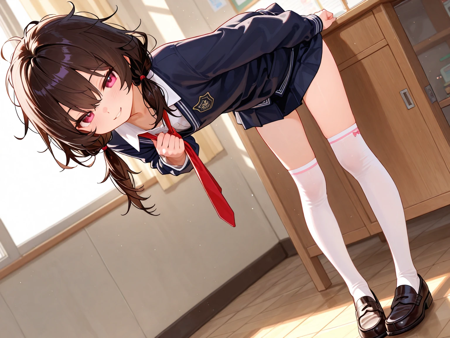 (masterpiece, highest quality, High resolution, realistic pictures, real skin:1.1), 1 Japanese girl, alone, Full-bodied Esbian, beautiful, shining eyes, provocative look, medium long hair, (Long collar shirt, pleated mini skirt, cardigan, loose socks: 1.1), (Skirt that folds up automatically: 1.5), (fully exposed panties: 1.5), black loafers, (Are standing: 1.5), (lift up the skirt with both hands: 1.5), (satin panties: 1.5), NSFW