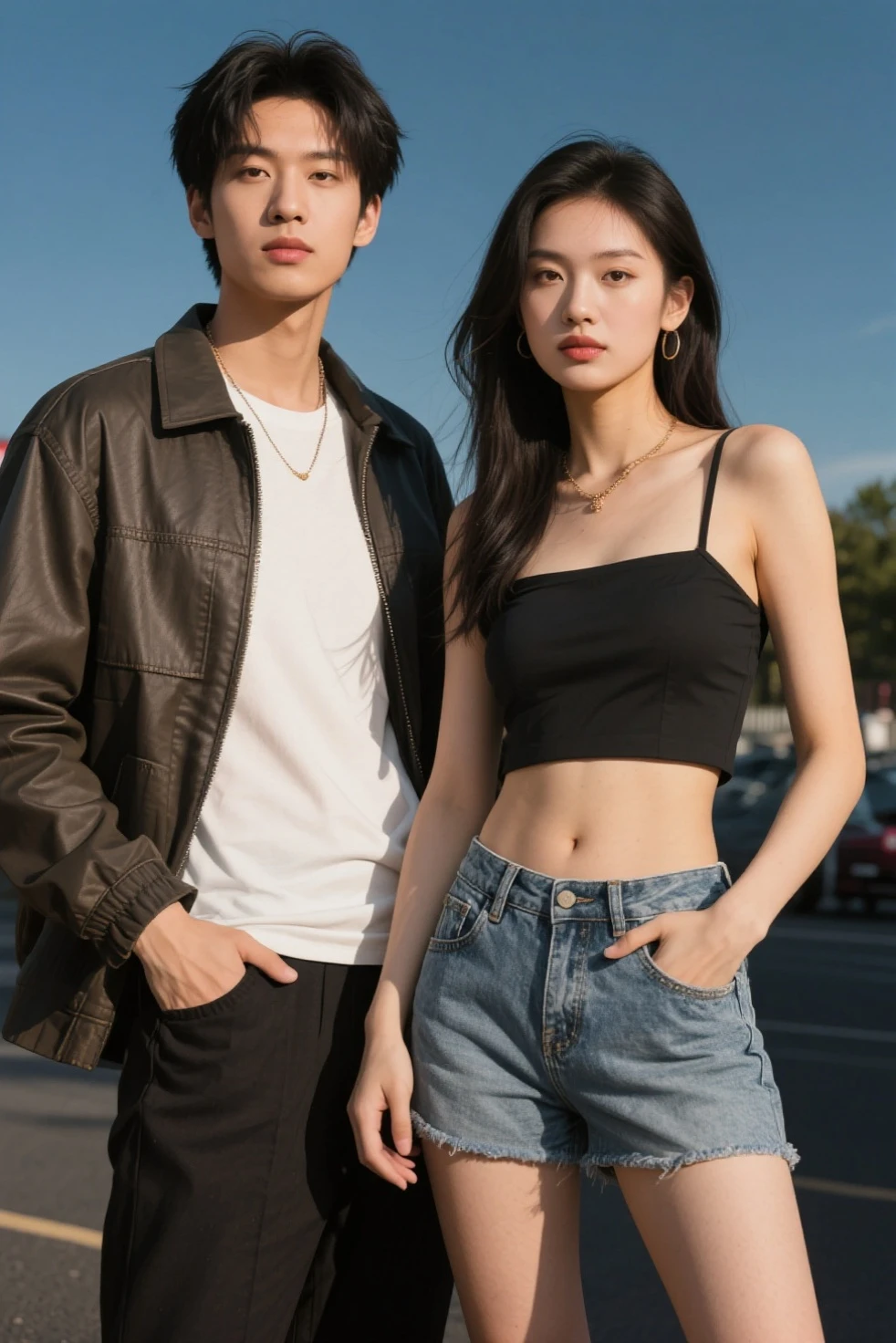 A beautiful Japanese-Korean woman with tattoos, wearing a large transparent white tank top, sitting in the park with a handsome young man wearing a purple shirt, jeans, accompanied by a cup of coffee and a pack of cigarettes.