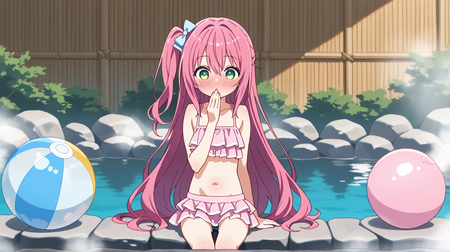 ((masterpiece)), ((best quality)), (ultra-detailed), anime style, bath, a cute girl, 1girl, solo, micro-bikini00, ((beautiful eyes)), smile, beautiful pink hair