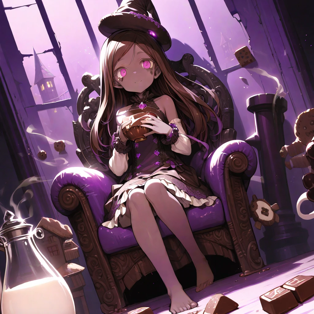 Theme: "The Chocolate Witch" - A reinterpretation of the witch from "Hansel and Gretel," themed around sweetness and poison.
Character:
Name/Title: "Lilibeth," the Chocolate Witch
Appearance: An alluringly beautiful woman in her early 20s. She has long, wavy, dark chocolate-colored hair and smooth, milk chocolate-colored skin.
Expression: An elegant and calm smile, but her eyes hold a malevolent, poisonous purple glow, which is the accent color.
Outfit: A gothic-style dress made from a glossy, bitter-chocolate-colored fabric, adorned with white-chocolate-colored lace and frills. Poisonous purple gems and ribbons are placed at her chest and cuffs as accents.
Pose: Lounging languidly in an ornate armchair. In one hand, she holds a teacup from which purple, magical smoke rises. Her other hand toys with a child's hat placed beside her, as if it were a cherished possession.
Composition:
Angle: A Dutch angle (slanted composition) to create a sense of unease and danger.
Visual Guidance: A trail of purple smoke (magic) rises from the witch's fingertips and flows towards a giant chocolate cauldron in the background, naturally guiding the viewer's eye.
Background and Setting:
Location: Inside the gingerbread house.
Interior: The walls are made of chocolate bars and the pillars of wafers, but a mold-like purple pattern creeps from the cracks in the walls, creating a space where sweetness and decay coexist.
Key Item: In the dim background, place a giant cauldron filled with bubbling, molten chocolate. For added effect, a child's tormented face momentarily appears on the surface.
Color and Lighting:
Main Color: A rich palette of browns reminiscent of various types of chocolate (bitter, milk, white).
Accent Color: A toxic, poisonous purple, symbolizing danger. Used for the witch's eyes, gems, magical smoke, and the mold on the walls.
Lighting: Warm, honey-colored light streams through a window, beautifully illuminating the witch. However, deep, purplish shadows fall at her feet a