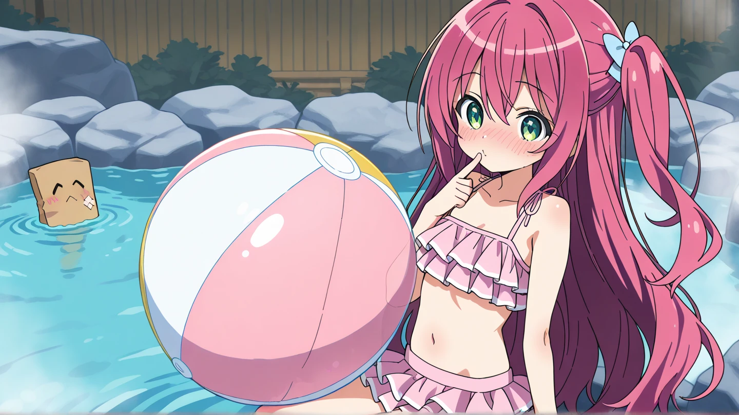 {Best Quality}, {very aesthetic}, {Ultra-detailed}, {Best Illustration}, Watermelon pattern swimsuit, The bikini, Pink hair