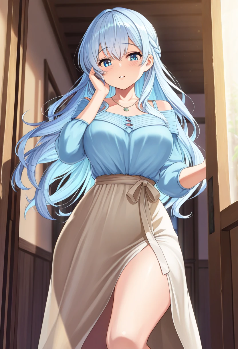 masterpiece, best quality, highres 64k, professional artwork, famous artwork, clean, cinematic lighting, beautiful eyes + detail, beautiful hair + detail, (sexy young female body:1.4), ( medium breasts, lactation), ,<lora:Honkai Star Rail-bronya rand:0.8>white hair,((embarassed,blush,)),(((aeroal slip))),virgin killer sweater, sideboob, sleeveless,indoors, grey sweater, standing,bang <lora:virgin_killer_sweater:1>diffe