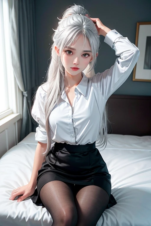 The best side face masterpiece girl，White short sleeves on the upper body with a black skirt,Silver hair with golden eyes，Fair and curvaceous skin。