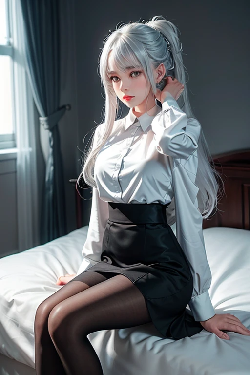 (masterpiece, best quality, official art, extremely detailed CG unity 8k wallpaper, girl, long white hair, business_suit, bent_over, vibrator_in_thighhighs, endured_face, pink underwear)