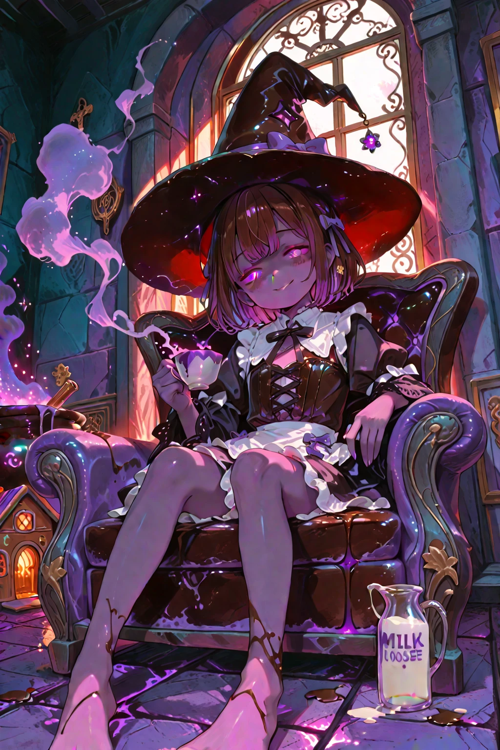 depicts a modern-day witch who has embraced the world of cybernetics to enhance her magical abilities. The artwork should convey the enchanting blend of traditional witchcraft and futuristic technology. Here are some specific elements to include:

The Witch's Lair: The setting should be a cozy yet slightly eerie room, filled with magical books, crystal balls, potion ingredients, and antique furnishings. The room should be dimly lit by candles and a soft, mystical glow emanating from her cybernetic enhancements.

The Cyborg Witch: The central focus of the artwork is the witch herself. She's a striking figure with a mix of traditional witch attire and cybernetic enhancements. Her clothing should have a witchy, occult aesthetic, with flowing robes, a pointed hat, and an intricate pentagram necklace. Her arms, however, have been upgraded with cybernetic components that incorporate magical symbols and glowing runes.

Magical Interface: The witch is in the midst of casting a spell, with a holographic, touch-screen interface floating before her. This interface includes spell incantations, arcane symbols, and digital components, demonstrating her fusion of magic and technology.

Spell Ingredients: On a nearby table, there should be a collection of spell ingredients, like herbs, potions, and magical artifacts. Some of these items may have been modified with cybernetic enhancements, blurring the line between the natural and the technological.

Familiar: The witch's familiar, perhaps a cat or raven, should be present in the scene, serving as her magical companion. The familiar could also have subtle cybernetic enhancements or glowing eyes.

Glowing Runes: The room should be adorned with ancient symbols and glowing runes on the walls and floor, contributing to the magical atmosphere.

Aetherial Lighting: Use a combination of mystical, ethereal lighting and cybernetic glows to create a captivating interplay of light and shadow. The contrast between the tradit