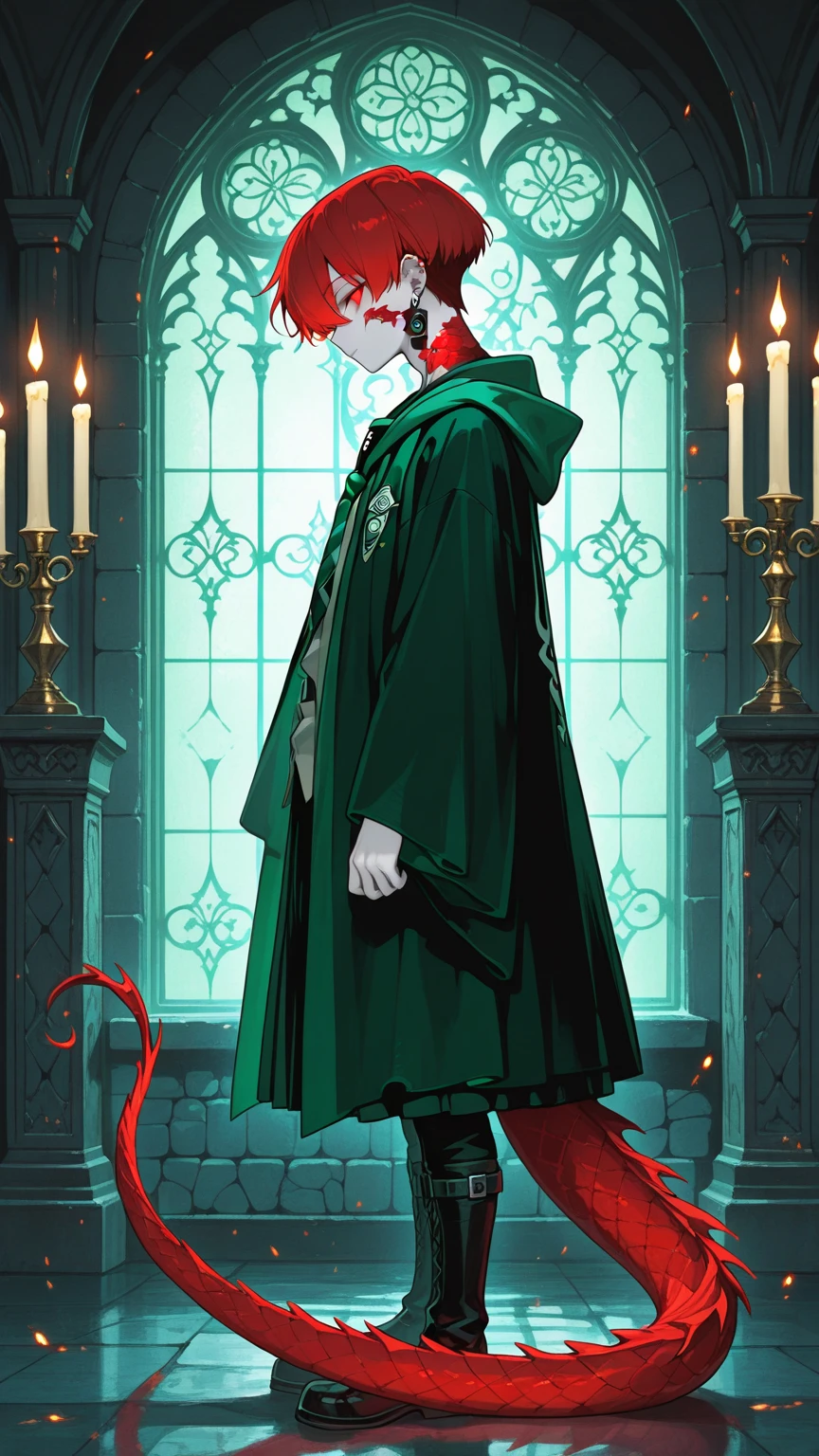 Masterpiece, best quality, 1 male, teenager, delicate eyes, long red curls, green eyes, delicate face, smile, black witch dress, wizard hat, broom, red moon