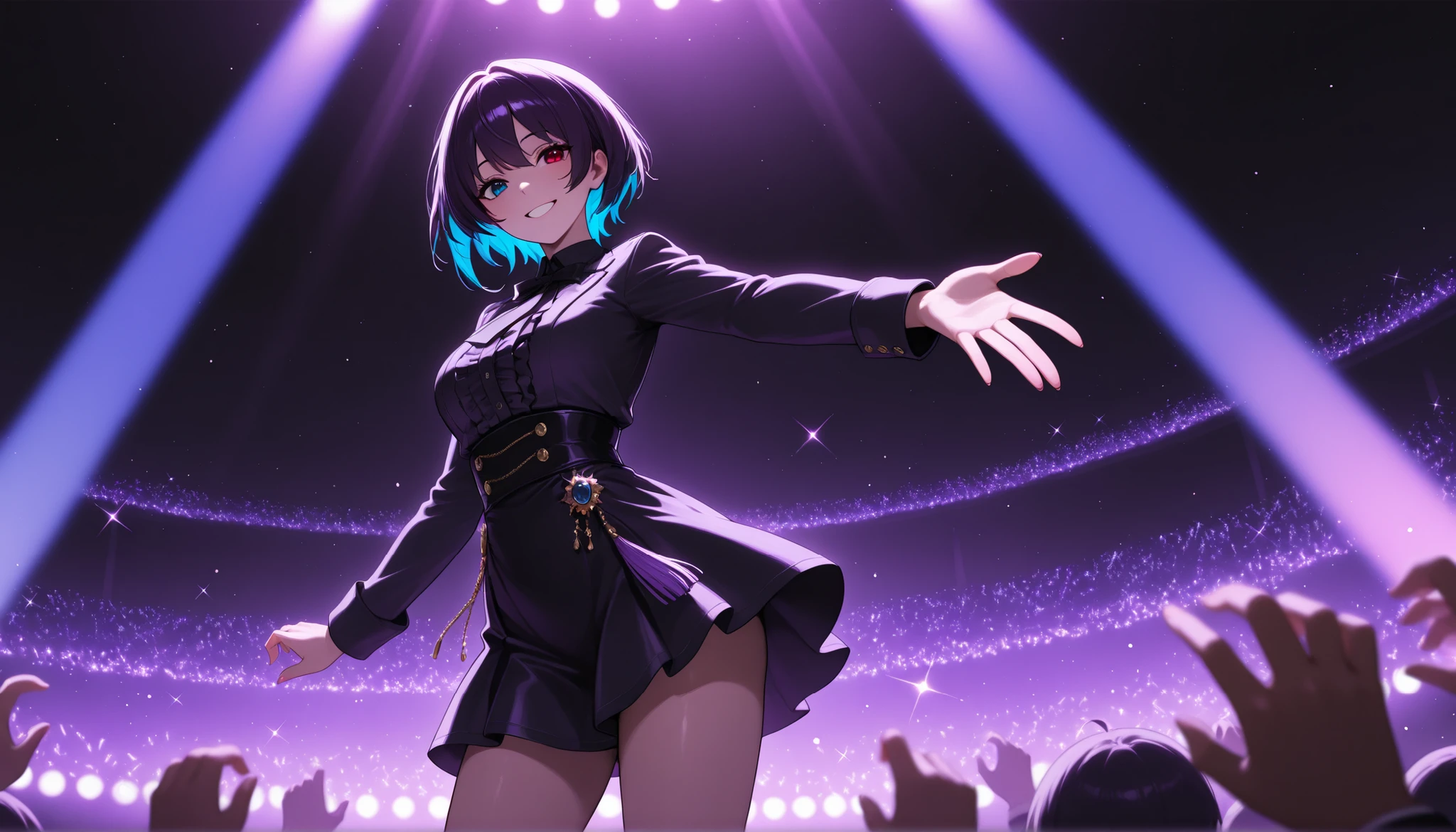top quality, 8K, 4K, high resolution, high contrast,1girl, Japanese female idols sing and dance passionately on stage、while the audience's cheers echo through、Colorful lights illuminate her, is wearing ornaments, short skirt, Smiling adult woman , dark purple short hair, anisochromia(Red Eyes,blue eyes), eyes with highlights,(beautiful detailed face), Moderate bust, Precise and Beautiful Scenery, have microphones