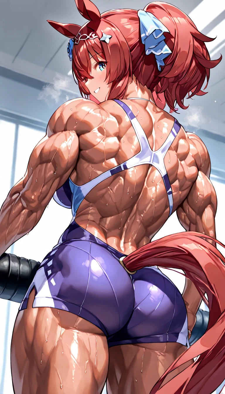 sensual, ((Pink wavy hair)), (8K highest quality), (High resolution:1.5), cute anime face, noise reduction, ((shining blue eyes, gentle smile, kind eyes))、toned abdominal muscles, muscular arms, muscular legs, young face, anime eyes, (((very plump sized breasts:1.9、beautiful nipples)))、(((arched back:1.5、T-back that digs into your butt)))、(((white thong thong)))、(leaning forward:1.5)、(SFW giant body:2.0)