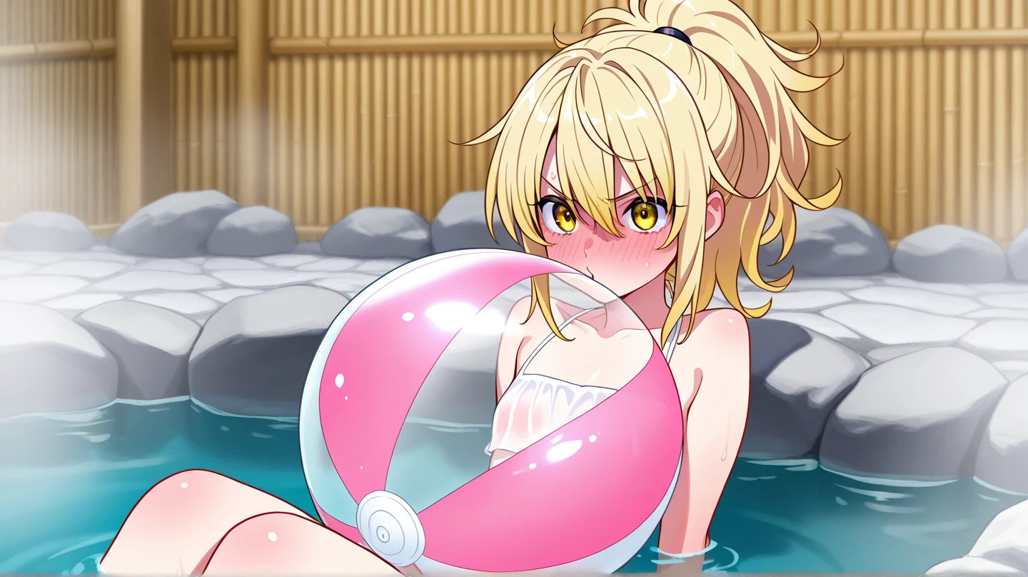 Outdoor,(night),hot spring,inhot spring,steam,Rika Jougasaki,Yellow and orange hair hoop, orgasm, blush,Open your mouth wide,(naked),Small breasts,((1boy,ass pov,fellatio,licking penis,)),View your viewers,Looking up