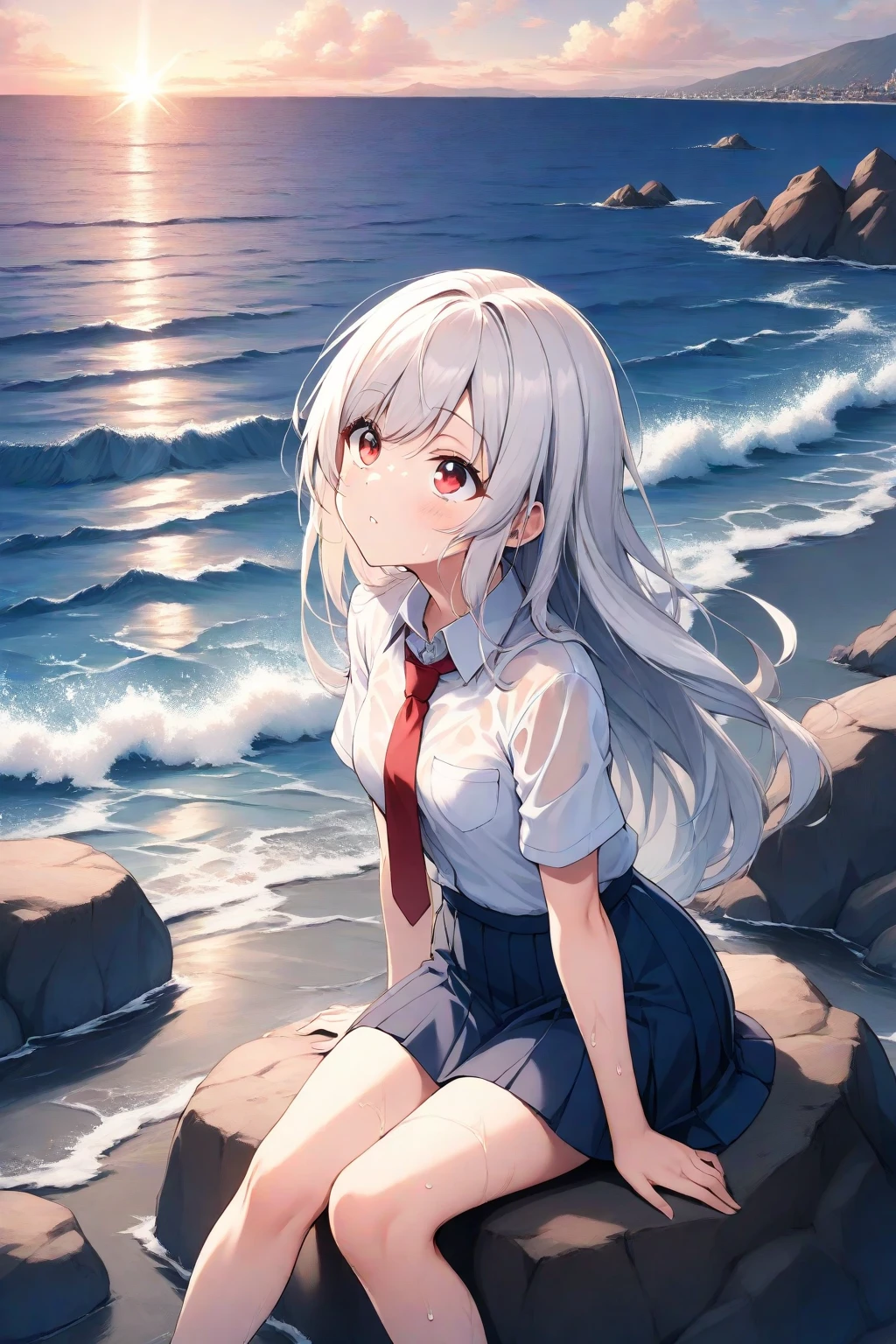 1girl, beautiful detailed eyes, long white hair, light blue eyes, school uniform, high white stocking, lustrous skin, seaside, beach, waves, high contrast, ((masterpiece, best quality))