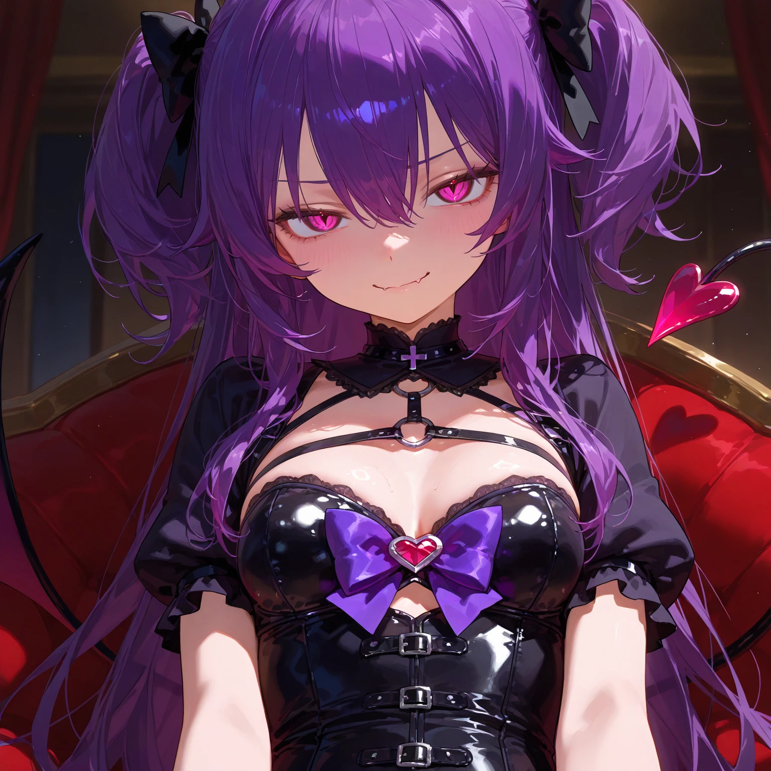 best quality,4K,High Resolution),ultradetailliert,realistisch,portrait, purple with dark red hair succubus in a purple and dark red spring dress with gold embellishments glowing red eyes, leuchtende Farben, delicate features, seductive glance, charming smile, wallende Haare, Sanfte Beleuchtung
