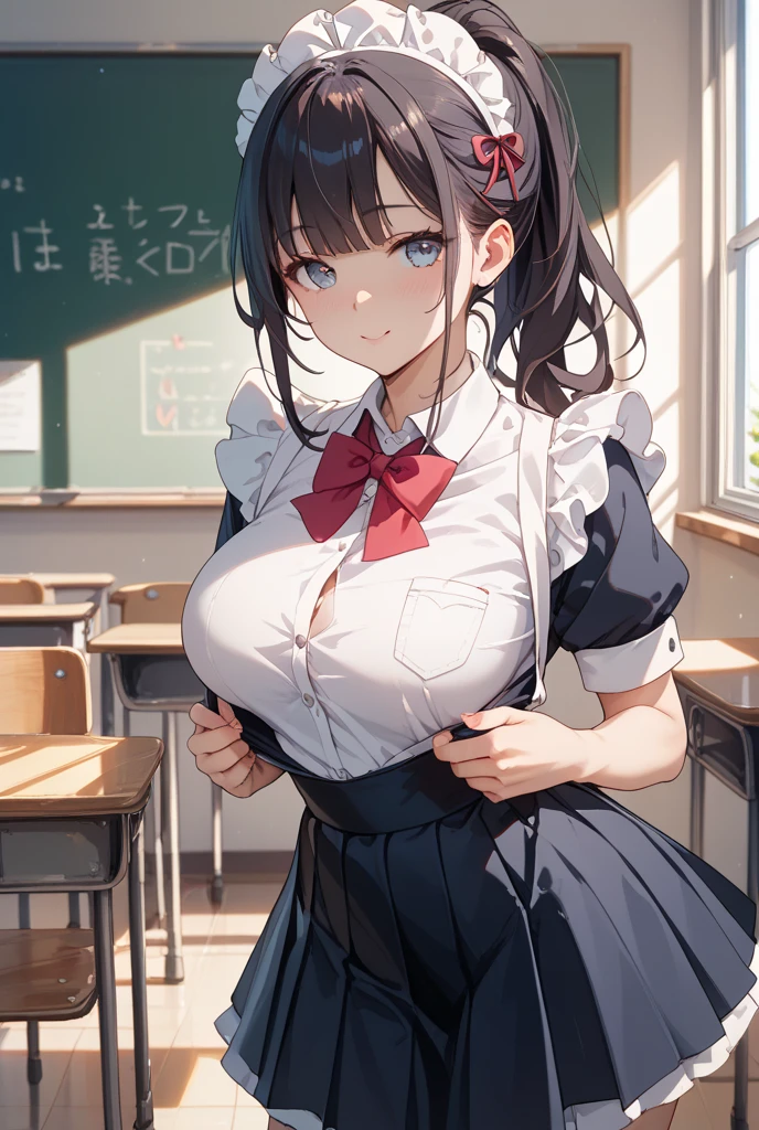(Best quality at best, 4K, 8K, A high resolution, masterpiece:1.2), ultra - detailed, Nice face, detailedfacialfeatures, Breast size is medium, Realistic skin, wears uniform, underbust singe, sleeveless top, (A high resolution: 1.1), (actual: 0.9), (Vibrant colors), (youthful), (dynamics), (beautiful detailed face), (detailedfacialfeatures), (Breast size is medium), (one bar prison), one bar prison goes up under skirt, thigh highs, one bar prison between thighs, thigh gap, in front of classroom, in front of black board, thick one bar prison