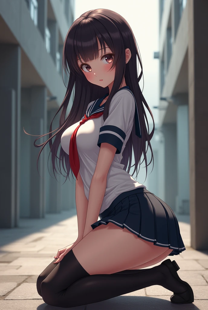 Highest quality,masterpiece,8K,1girl,((big breasts,loli,little girl:1.3)),((orgasm,blush:1.3)),angry, sweat,mini skirt,lift skirt,upskirt,mizuki yukikaze,hair ribbon, white tank top, black skirt, mini skirt, black thighhighs,pussy juice,pink panties,striped,((walking1.3)),forest,forest林,from behind