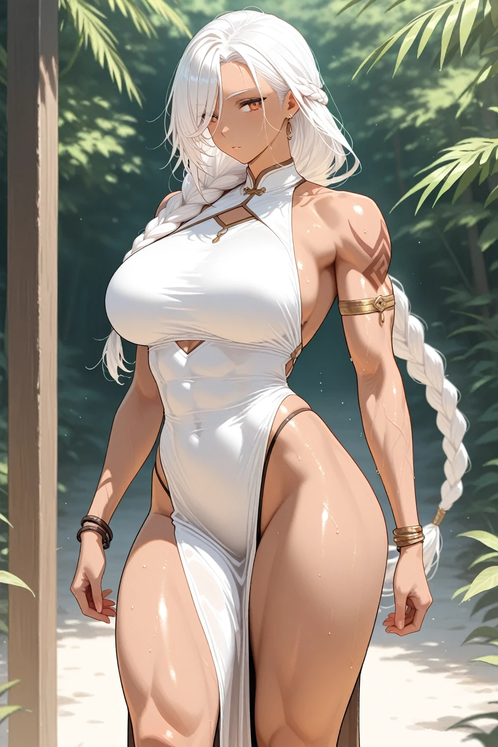 a very sexy girl, beautiful detailed eyes, beautiful detailed lips, extremely detailed eyes and face, longeyelashes, elegant pose(more erotic poses), seductive expression, flowing hair, porcelain skin, detailed dress,paradise island (coastal area, white sand) , sunlight filtering through trees, (best quality,4k,8k,highres,masterpiece:1.2),ultra-detailed,(realistic,photorealistic,photo-realistic:1.37),cinematic lighting,dramatic colors,vibrant palette, Nsfw