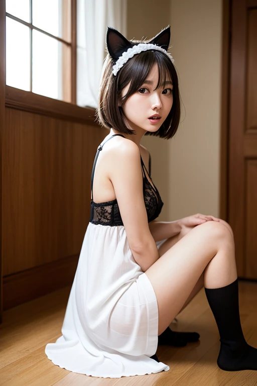 Tiny stunning japanese woman, 18 years old, in a confortable apartment, wearing a short lace Black nightgown and high heels