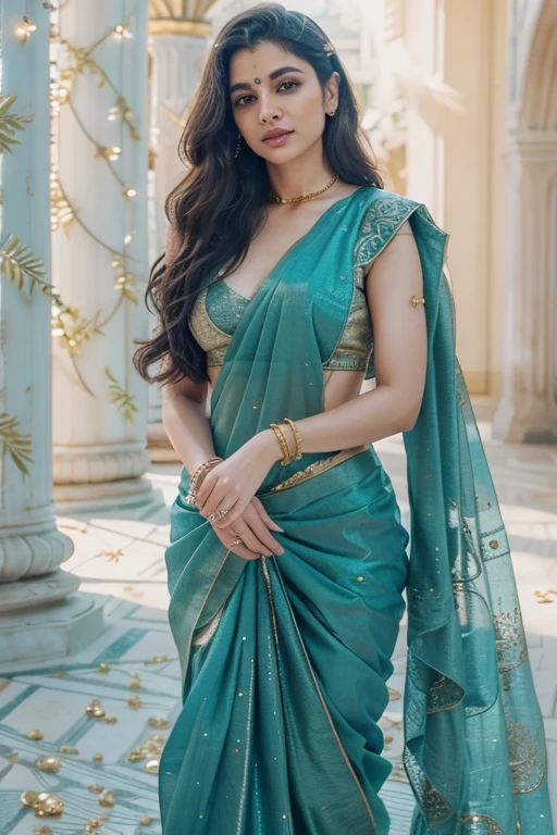 Rassian princess 6.5 height long messy hair, (grey eyes,),(properly wering clothes ocean green color Saree ) princess body shape brode pelvic,( big_breasts ),(legs _big ),(sharp _jawline) ,(standing ancient temple,morningtime ,(HDR _ultra _8K)(full censored ), random camera shot, cinemascope cinematic shot realistic realism HDR 8K high quality high production value 