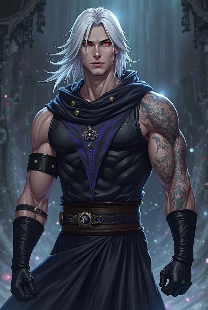(3D:0.6,realistic:0.8,photorealistic:0.8),(absurdres, Super-resolution, masterpiece, best quality, finely detailed,absurdres:1.2), (((natural lighting))), god-rays, butt, 1male, 21 years old male, Pectoral muscles are plumped, crouch, bulge, muscular, athletic, textured skin, stubble, big body, handsome man, attractive male, seductive, alpha, dominated, lewd, earrings, necklace, smirk, piercing, glowing neon blue eyes, big chest, cold pale white skin, raining, wet, sweaty, saliva, mucus, exhibitionist, tattoo, big arms, open cloak, alpha male, gay, yaoi, twin guns, chain bracelets, white shaved hair, dramatic illumination