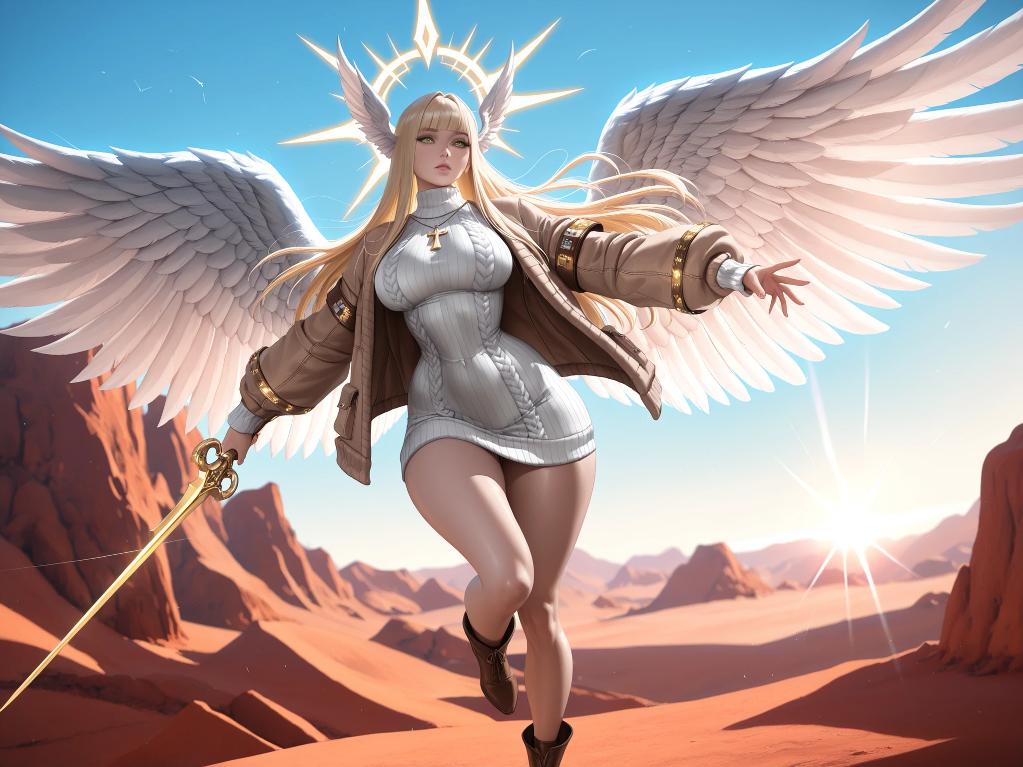 (tangobat:0.7),(Sakimichan:0.7),(High quality CT,4K,High resolution,main part:2.3),(Very detailed,realistic:1.37,Best quality,masterpiece, high resolution,on_body), (Tyndall effect,photorealistic, edge lighting, Two-color backlight),(high definition of skin:2.3), (8K UHD, DSLR quality, soft lighting, high quality, surround lighting, sincere, de 8K , 4K, 8K.) (feathered head wings, demon head wings, [color] head wings, multicolored head wings ,)The winged woman is angel. She has a mature bodybuilding  with big breasts , thin waist and wide hips. She has a peachy pale skin. She has glowing green eyes with star sigils. She has fluffy feathered winged ears on her head.  She has longest  blond gold  straight hair, with symmetrical flat straight bangs.  She is wearing a longest skintight beige knitted sweater dress. She wearing a pastel brown knitted jacket with gold lacing on sleeves. she wearing  a brown cowboy ankle boots - cossacks. She has a  gold glowing halo with above her head. She has a four huge white wings on her back. She carries with her a red crucifixion-sword, an Orthodox Christian cross with eight ends. On the background: canyon , scarlet rocky desert,light blue sky of noon.