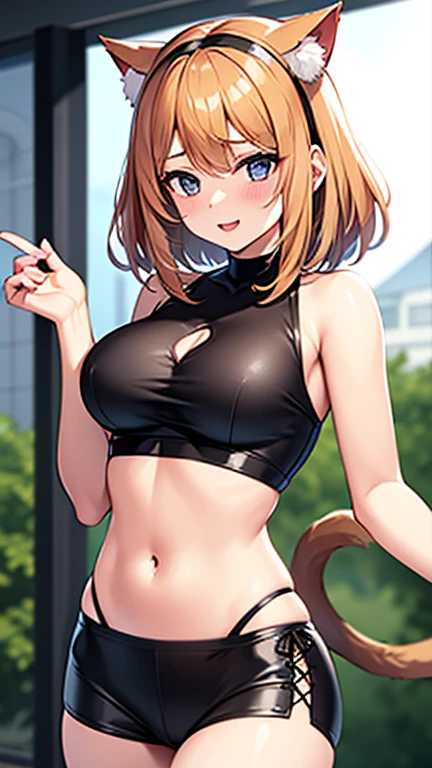(kinako_(shiratama_mochi) style, maruzensky_\umamusume\), nsfw, masterpiece, leather pants, solo, 1 girl, horse ears, horse tail, black microbikini, navel, bare stomach, sweaty, medium breasts, outdoors, night, bridge, street lamp, river, collarbones, night sky, slim waist, brown hair, detailed eyes, beautiful eyes, wet, aque eyes, necklace, railing, smiling, buttoned, black gloves, city skyline, lights, lusty eyes, holding a coffee can, shiny black pants, long hair