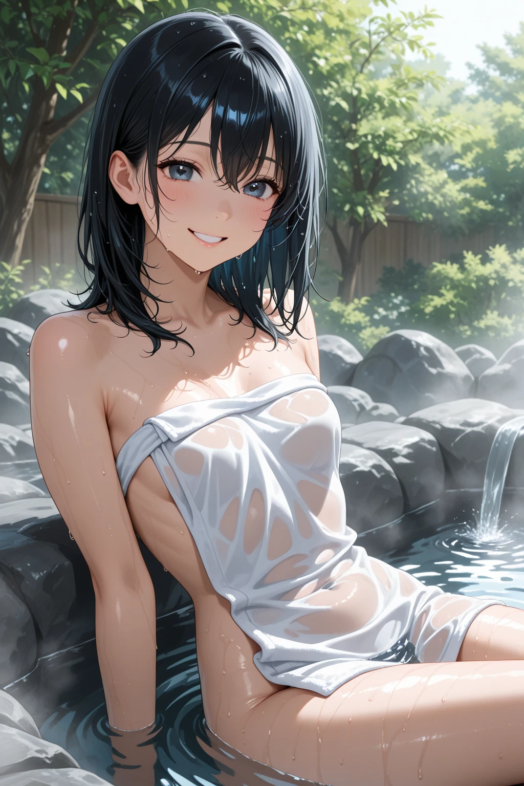 Solo, cowboy shot,Sonoda umi,(white see through beach dress), wet clothes,breasts,(wet skin:1.1),outdoors,day,hand on hip,water drops