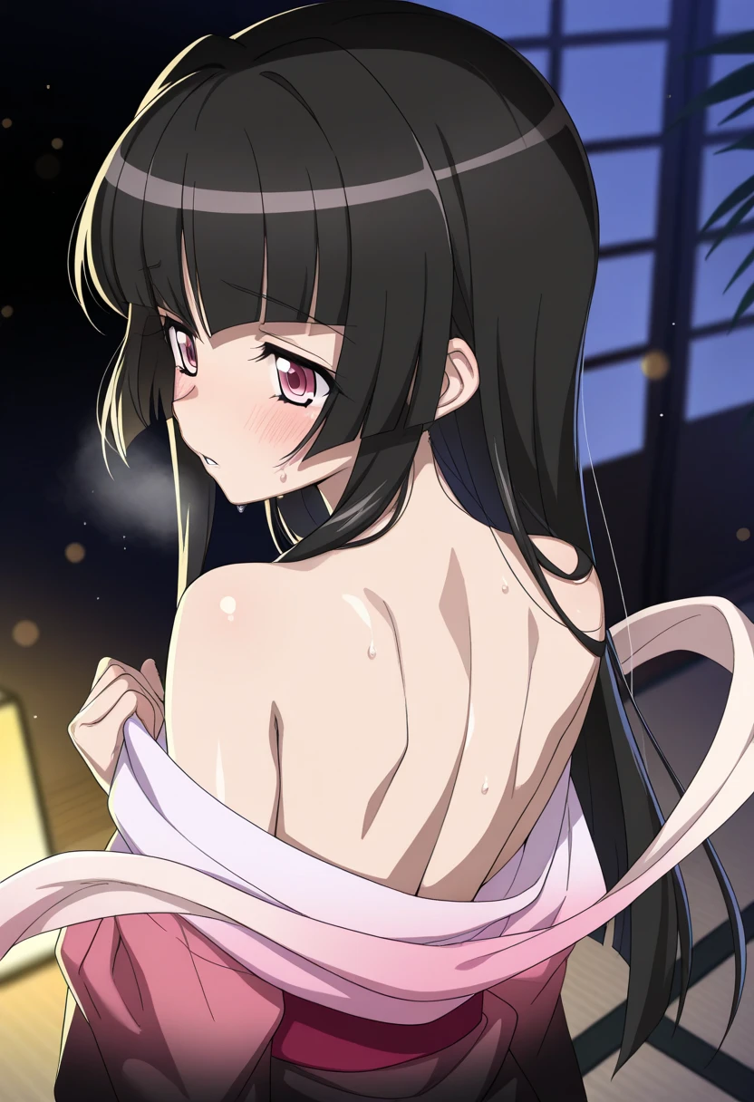 Completely naked、pink nipple、purple eyes、black hair、long hair、Lying on your back on the bed、whole body、Shaved、open the thighs、Raise your arms up、big breasts、shy、blush