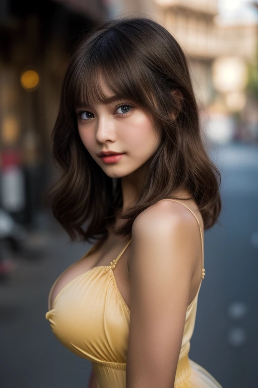 (masterpiece), (best quality), photorealism, realistic, photography, 1girl, 20yo, beautiful girl, looking at the sky, perfect face, perfect body, golden ratio, good , photo maping, slip dress, braless, short curly hair, colorful hair, light smile, on the street, sun light on the face, sun rise, morning, city background, depth of field, lens fare, view from above