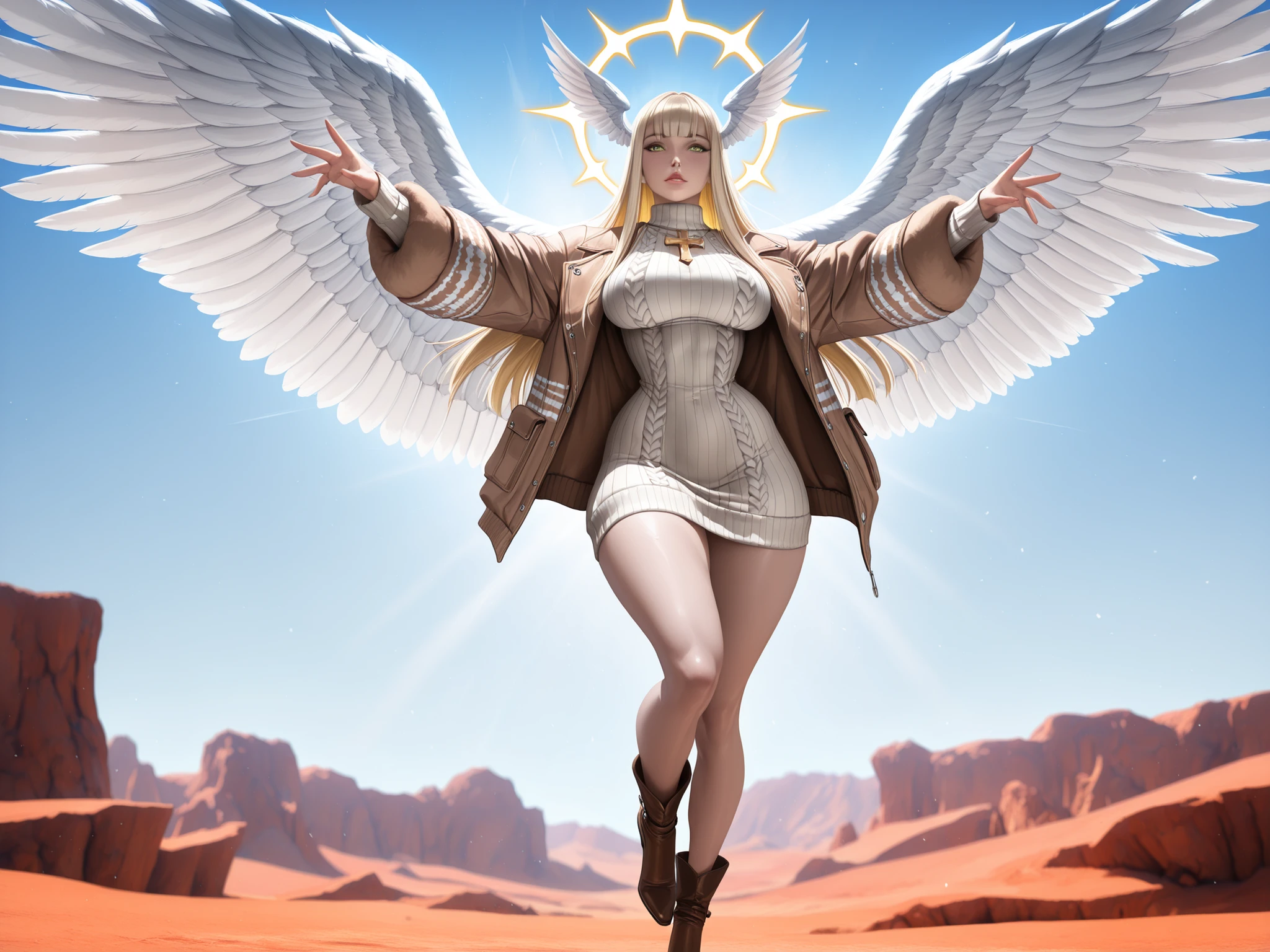 (tangobat:0.7),(Sakimichan:0.7),(High quality CT,4K,High resolution,main part:2.3),(Very detailed,realistic:1.37,Best quality,masterpiece, high resolution,on_body), (Tyndall effect,photorealistic, edge lighting, Two-color backlight),(high definition of skin:2.3), (8K UHD, DSLR quality, soft lighting, high quality, surround lighting, sincere, de 8K , 4K, 8K.) (feathered head wings, demon head wings, [color] head wings, multicolored head wings ,)The winged woman is angel. She has a mature bodybuilding  with big breasts , thin waist and wide hips. She has a peachy pale skin. She has glowing green eyes with star sigils. She has fluffy feathered winged ears on her head.  She has longest  blond gold  straight hair, with symmetrical flat straight bangs.  She is wearing a longest skintight beige knitted sweater dress. She wearing a pastel brown knitted jacket with gold lacing on sleeves. she wearing  a brown cowboy ankle boots - cossacks. She has a  gold glowing halo with above her head. She has a four huge white wings on her back. She carries with her a red crucifixion-sword, an Orthodox Christian cross with eight ends. On the background: canyon , scarlet rocky desert,light blue sky of noon.