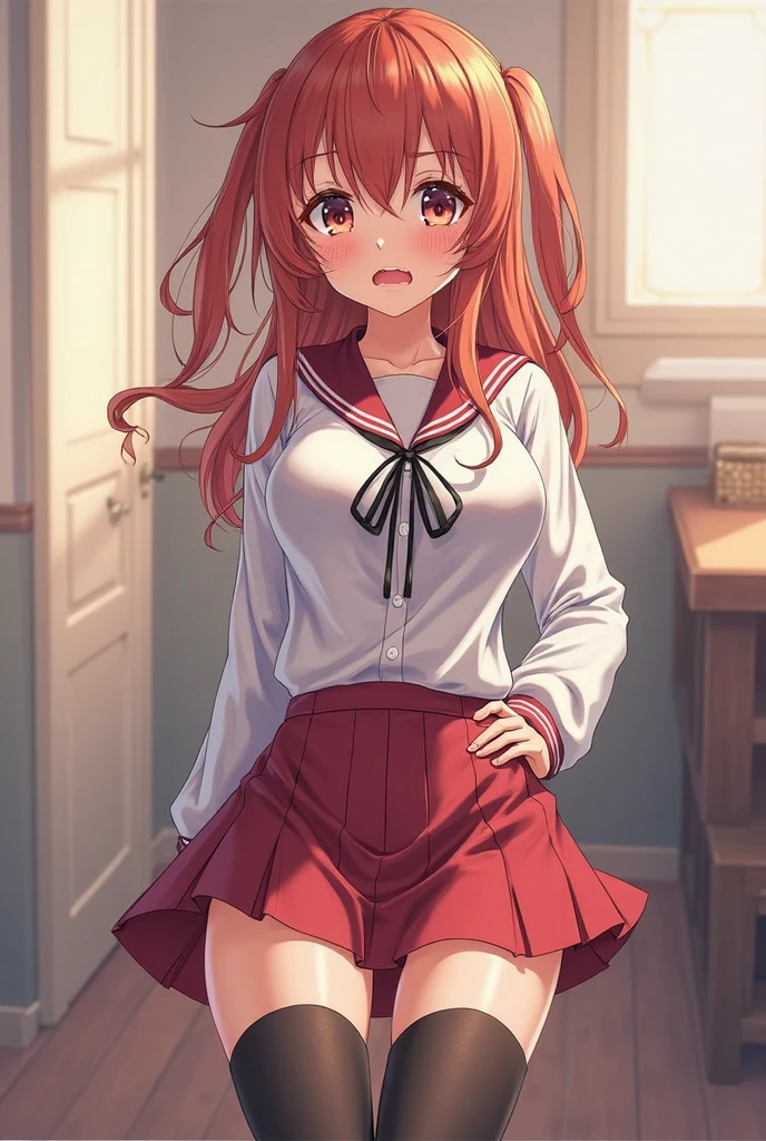 2d, masterpiece, best quality, anime, highly detailed, 1girl, solo, sumi, looking at viewer, single braid, side braid, hair bow, white bow, white shirt, long sleeves, sailor collar, red ribbon, red skirt, pleated skirt, embarrassed, blush, from below, panties