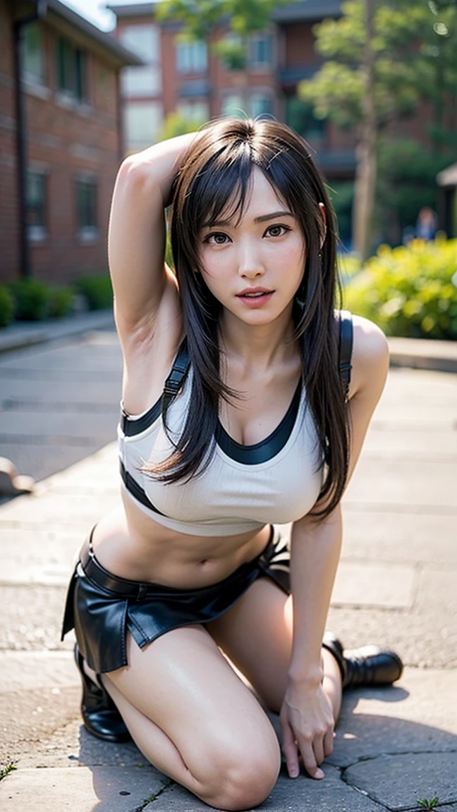 1girl, 20 years old, sexy body, seductive expression, look at viewer, tank top cyberpunk style, mini underpants, photo, animal ears, cat, big breasts, realistic, best quality, pose sexy model, smile, squat, shoes, white background.