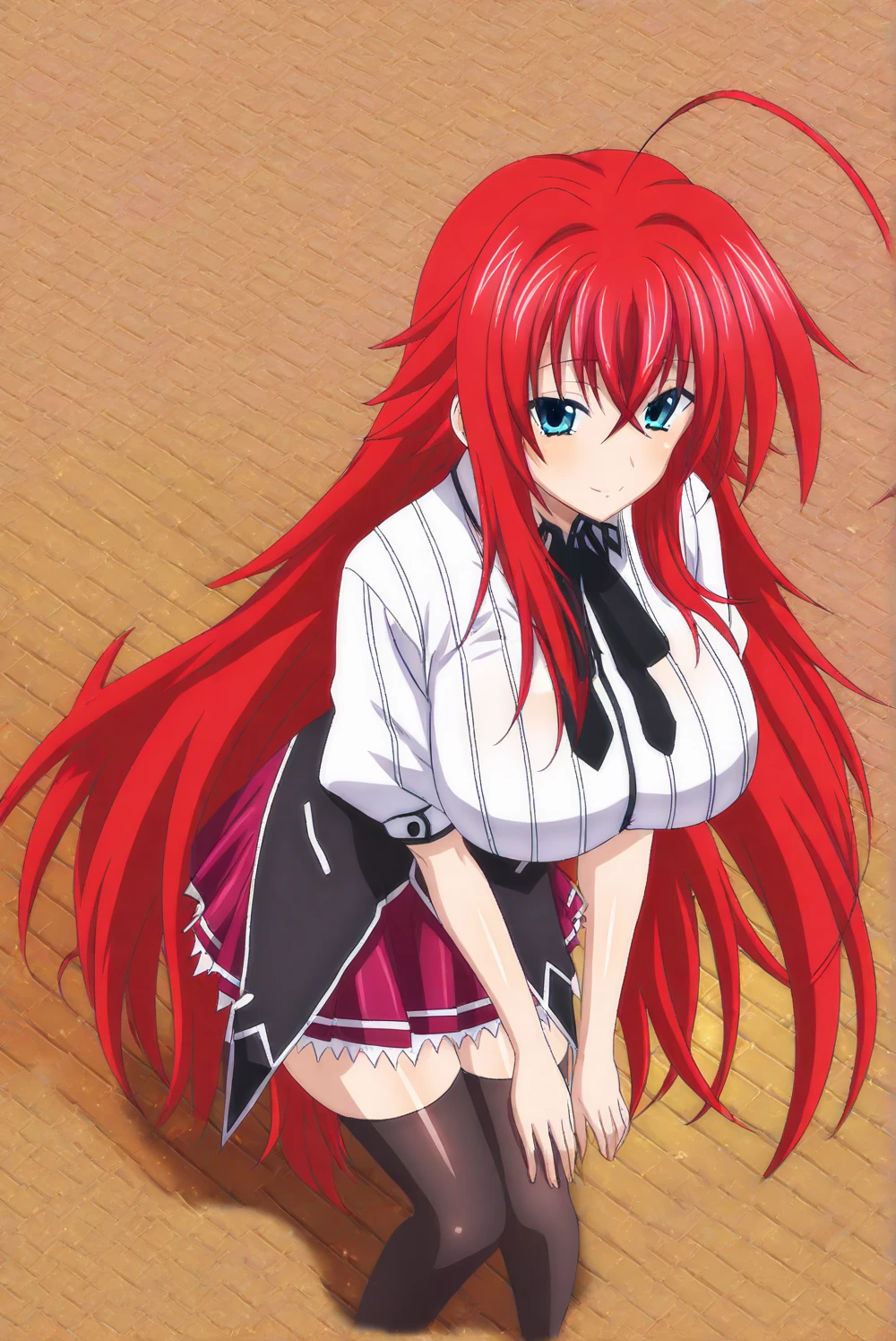 anime art style, 2d, masterpiece, best quality, very aesthetic, absurdres, dynamic shadows, atmosferic, (1girl), rias_gremory,, high_school_dxd, solo, red hair, antenna hair, long hair, blue eyes, detailed eyes, hair between eyes, bangs, medium breasts, curvy body, makeup, (school uniform:1.0), (miniskirt:1.0), black ribbon, pleated skirt, frilled skirt, purple skirt, white shirt, puffy sleeves, bare arms, short sleeves, black shoes, white socks, white panties, (ahegao), tongue, saliva, (cowboy shot), from above, (squatting), hands on own knees, spread legs, (looking at viewer), clouds, day, beach, sea