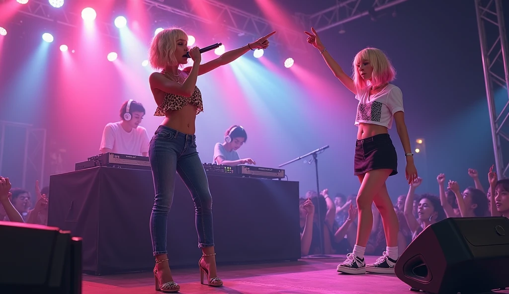 two women standing next to each other in front of a pink wall, doja cat, music video, still from a music video, official music video, doja cat as cat woman, performing a music video, her hair is white, woman holding another woman, neon jungle, bella poarch, youtube video screenshot, cardi b, light skin