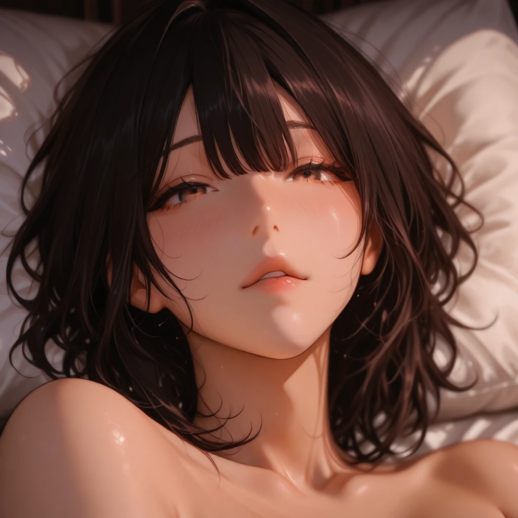 Get out of bed,Shot from above the bed,masterpiece, One woman, Solo Exhibitions, Beautiful woman with small breasts,Beautiful Goddess Portrait, Beautiful and elaborate face, Porcelain-like skin, (((Full Shot,center, night, Black Hair, short hair)), Very soft lighting, Symmetric, complicated, grace, Attention to detail, realism, art, concept art,Completely naked,To be ejaculated,The body gets wet,