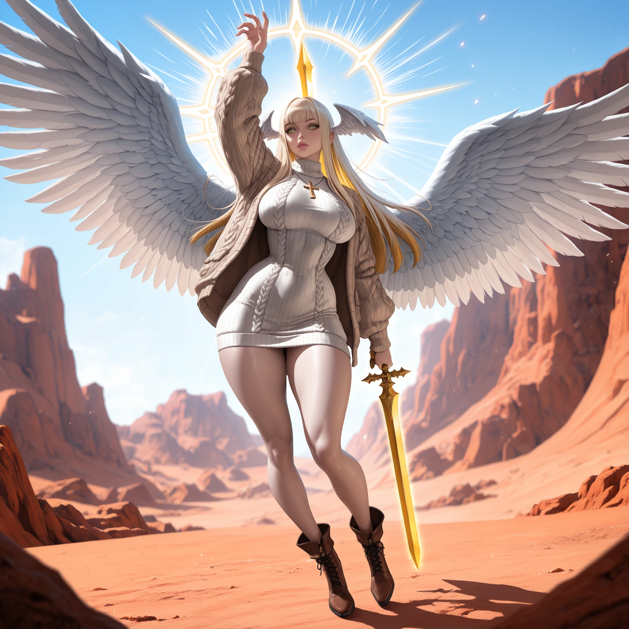 (tangobat:0.7),(Sakimichan:0.7),(High quality CT,4K,High resolution,main part:2.3),(Very detailed,realistic:1.37,Best quality,masterpiece, high resolution,on_body), (Tyndall effect,photorealistic, edge lighting, Two-color backlight),(high definition of skin:2.3), (8K UHD, DSLR quality, soft lighting, high quality, surround lighting, sincere, de 8K , 4K, 8K.) (feathered head wings, demon head wings, [color] head wings, multicolored head wings ,)The winged woman is angel. She has a mature bodybuilding  with big breasts , thin waist and wide hips. She has a peachy pale skin. She has glowing green eyes with star sigils. She has fluffy feathered winged ears on her head.  She has longest  blond gold  straight hair, with symmetrical flat straight bangs.  She is wearing a longest skintight beige knitted sweater dress. She wearing a pastel brown knitted jacket with gold lacing on sleeves. she wearing  a brown cowboy ankle boots - cossacks. She has a  gold glowing halo with above her head. She has a four huge white wings on her back. She carries with her a red crucifixion-sword, an Orthodox Christian cross with eight ends. On the background: canyon , scarlet rocky desert,light blue sky of noon.