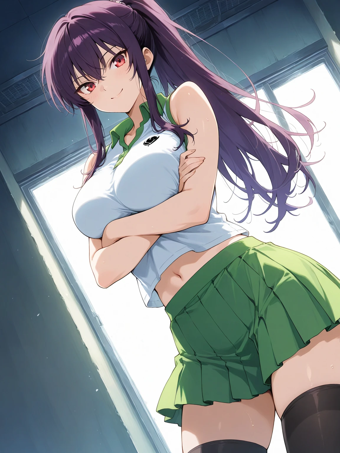 (masterpiece), 1girl, solo, standing in a forest, leaning forward, horny face, looking at viewer, kagome higurashi, front, big breasts, front, cleavage