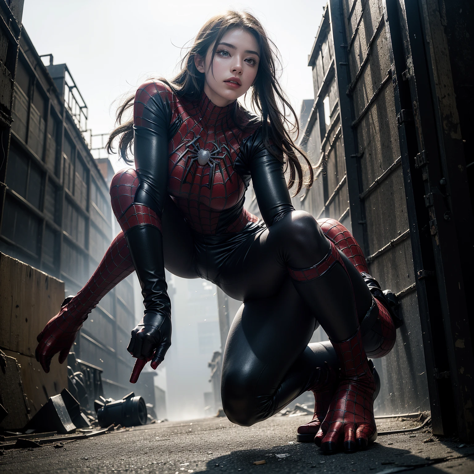 (best quality,4k,8k,highres,masterpiece:1.2),ultra-detailed,(realistic,photorealistic,photo-realistic:1.4), profesional photograph, natural light, portraits, a beautiful young girl, wearing ((white black spider-man suit:1.4)), seductive looks, soft glow, elegant beauty, detailed blue grey eyes, sensual pose, delicate skin texture, flowing messy (red hair:1.3), innocent expression, skinny posture, collarbone, naturally sagging breast, huge breast, (crouching down with spread-legged:1.3), (hug up her breast by her hand:1.3), (surrounded by ruins of high buildings in daylight:1.4), subtle shadows, floral foreground, shallow depth of field, (cool color tones:1.2), foggy atmosphere, fine art photography, facing forward, wide angle, (seen from below:1.3), photon mapping, erotic, aesthetic
