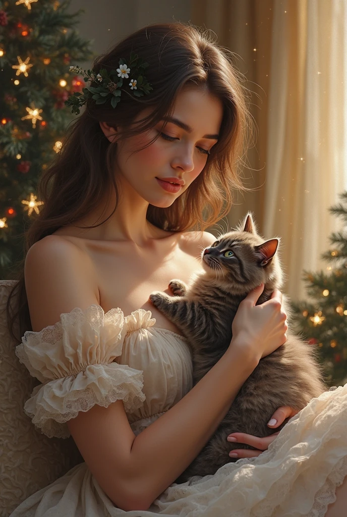 a beautiful young woman (Lorde Ella Marija Lani Yelich-O'Connor, age 25), wearing an airy sheer Christmas night gown (shoulders exposed, deeply plunging neckline) , nude except for night gown, her intimate areas partially exposed and very detailed, playing with a baby bunny by an old-fashioned fireplace with a roaring fire, playing with and petting a cute baby bunny while looking back at the viewer seductively she is bent over with her ass arched up to the viewer her private areas fully exposed, Christmas scene (best quality, 4k, 8k, highres, masterpiece:1.2), ultra-detailed, (realistic, photorealistic, photo-realistic:1.37), HDR, UHD, studio lighting, ultra-fine painting, sharp focus, physically-based rendering, extreme detail description, professional, vivid colors, bokeh, portrait, figurative, intimate, sensual, cozy, Christmas, warm lighting, chiaroscuro (show her entire body, show all of her)
