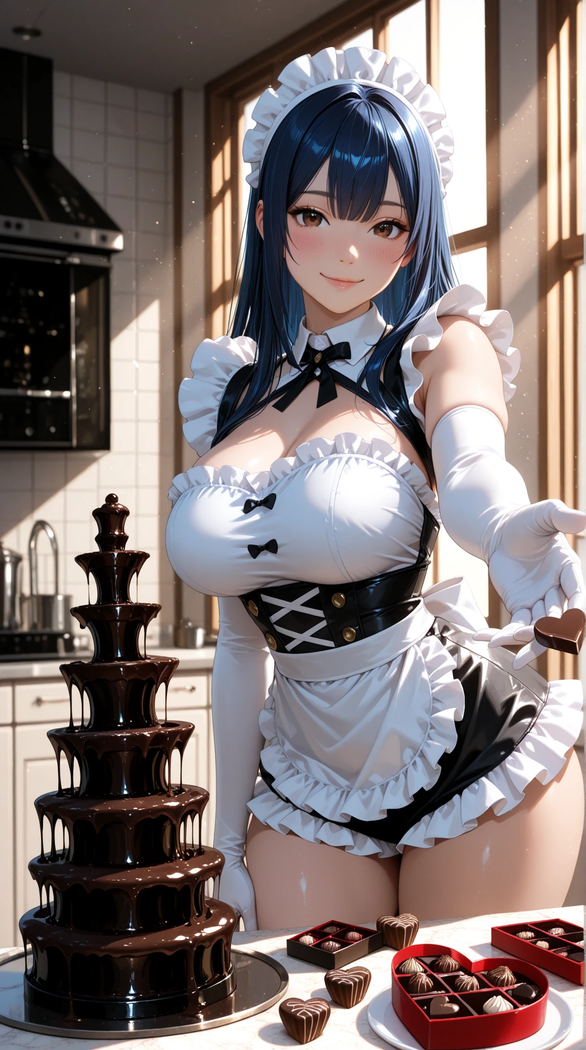 (masterpiece, top quality, best quality, official art, beautiful and aesthetic:1.2), (1girl,cute:1.5), extreme detailed, colorful, highest detailed ((ultra-detailed)), (highly detailed CG illustration), ((an extremely delicate and beautiful)),(8k quality),(ultimate shiny skin),(detailed skin),(ultimate detalled face),(indoors, kitchen, black hair, super long twintails, standing, blue eyes, narrow waist, huge breasts, light particles, lens flare, depth of field, sparkle, bokeh, dappled sunlight, day, naked apron, maid headdress, frilled white apron dress, bottomless, sideboob:1.4), pussy juice stain, pussy juice trail, smile (from side, solo focus, looking at viewer:1.5),<lora:flat2:-1.5>,