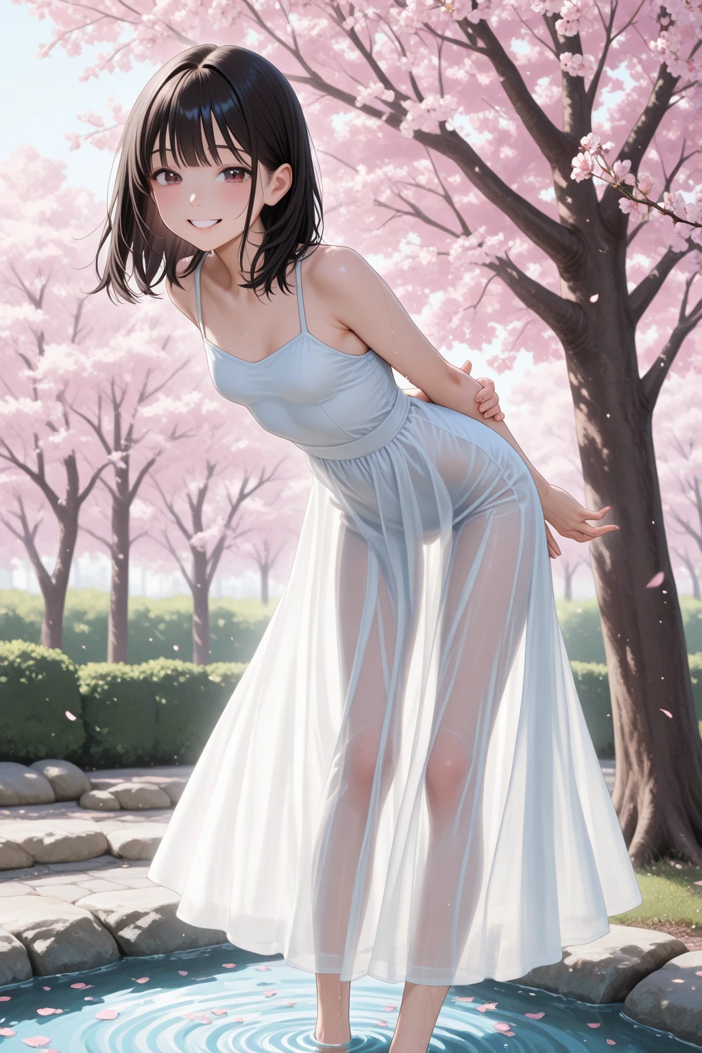 best quality,masterpiece,1girl,solo,(((NSFW))),(((9years old))),japanese girl,an extremely cute and beautiful girl,highly detailed beautiful face and eyes,petit,cute face,lovely face,baby face,shy smile,show teeth,black hair,medium short hair,Hairless pussy,flat chest,skinny,slender,(((wearing a wet transparent white mini Chinese dress))),(((standing in a flower garden))),she is looking at the viewer,hands lift up dress,(upskirt above the waist:1.1),(no panties:1.1),(legs spread wide:1.1),(no bra:1.1)