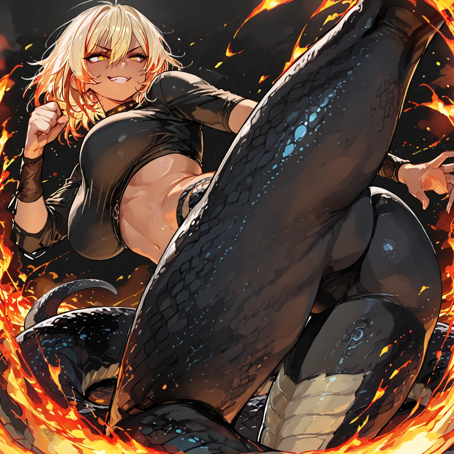8k_wallpaper, extremely detailed eyes, extremely detailed body, 1girl,((perfect anatomy huge chest)), (intricate details:1.3), (ultra-detailed:1.3), (best quality:1.4), high quality, expressive eyes, full body, tall girl, detailed face, beautiful face, perfect face, detailed (blonde hair), (gold eyes), ((big red horns)), {{dark skin}}, ({dark skinned female}), gigantic breasts, thick thighs, translucent blue veins on the body, strong abdominal muscles, strong leg muscles, strong arm muscles, ponytail hairstyle, wearing a blue coat with rolled up sleeves, steel belly heavy armor warrior, leather pants, leather steel gloves, wide a leather belt with gold yarn, female dragonite, female dryad, female octopus, tentacles, night under the light of the moon in a dense dark forest,