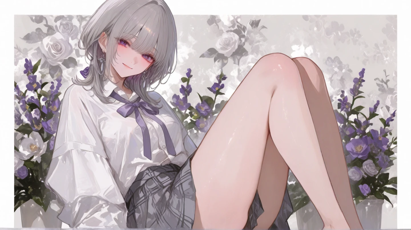 (最high quality,4K,8K,High resolution,masterpiece:1.2),Super detailed,Vibrant colors,Soft Shadows,Beautiful brushwork,Attention to detail,perfect render,rich skin tone,Expressive eyes,Captivating Expressions,Golden shades,(1boy, penis, lying, vaginale, ass pov, spread legs, sex, nsfw)、Has long, curly, light grey hair, Violet eyes, A headband decorated with pearls and violet camellias, White shirt, Floral dark blue hemline、 (cryin) ,Cute Characters, Most detailed, high quality、nose blush、steam、Awards, Anatomically correct、((Scared))