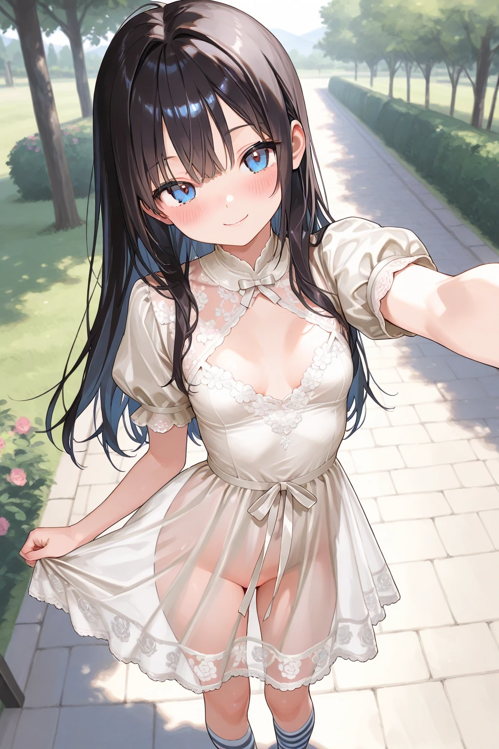 best quality,masterpiece,1girl,solo,(((NSFW))),(((9years old))),japanese girl,an extremely cute and beautiful girl,highly detailed beautiful face and eyes,petit,cute face,lovely face,baby face,shy smile,show teeth,black hair,medium long hair,Hairless pussy,flat chest,skinny,slender,(((wearing a wet transparent white mini Lolita dress))),(((standing in a flower garden))),she is looking at the viewer,hands lift up dress,(upskirt above the waist:1.1),(no panties:1.1),(legs spread wide:1.1),(no bra:1.1)