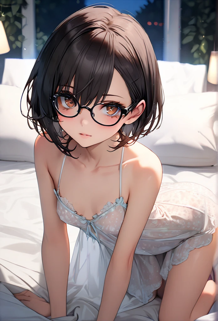 (super flat, flat shading, flat color:1.1)、An illustration、(One Asian boyish girl)、(cute:1.2)、Very beautiful 14 year old girl manga、cheeks are red、(high detail skin: 1.2)、Photorealistic anime girl rendering、Realistic anime 3D style、beautiful brown hair、intense black eyes、strong eye highlights、(get used to it、Medium chest)、perfect anatomy、hair is dirty、(sweaty)、Pale pink underwear、(wet with water)、thighs are open、head tilt、sit on the bed、volume lighting、soft light、bright、bright色、watercolor painting、short hair、hair band、frills、round glasses