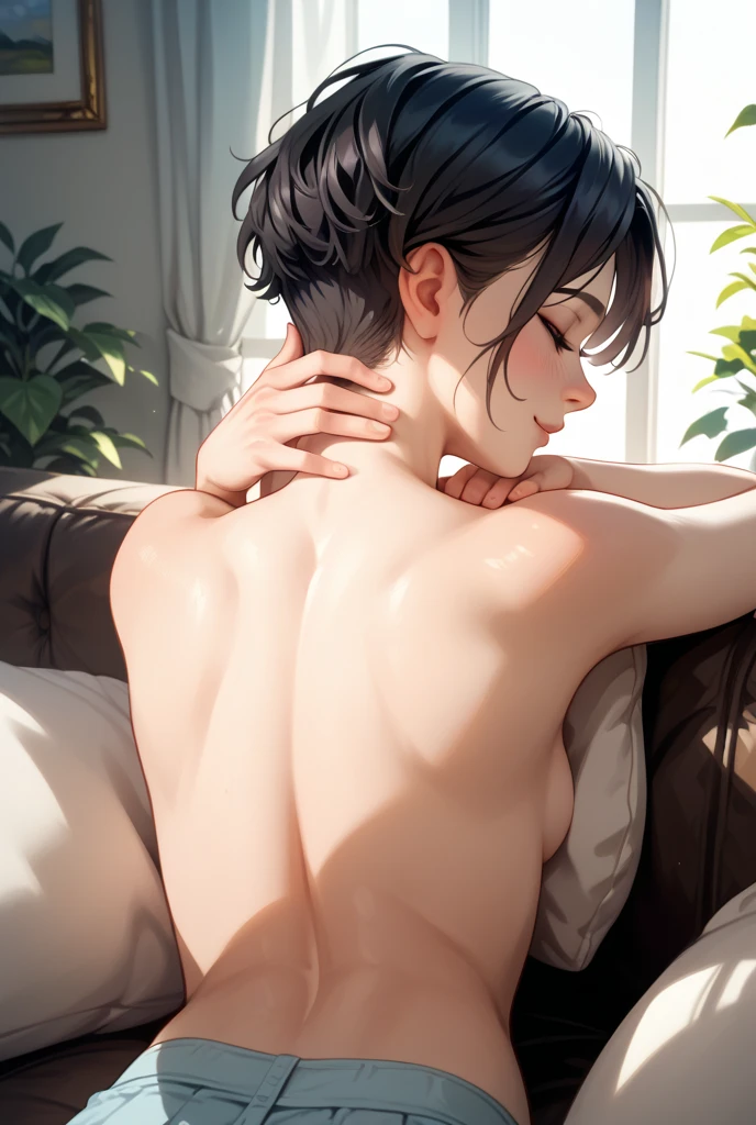 16years old, blue eyes, black hair, short hair, blue hair ribbon, blue headband, Detailed, Lialitsa, (completely nude: 1.5), (View from all fours, Looking back: 1.5), (bedroom、on bed: 1.2), masutepiece, Best Quality, Open mouth, tusk, Ultra-detailed, close eyes, Pretty eyes, Detailed face, Pretty girl, Blushing, explicit, (Ass back boob is over, doggy style:1.2), (Nipple: 1.2)、(spread legs:1.5)、large boob、1girl 1boy、(torso grab:1.5)、sex、embarrassed
