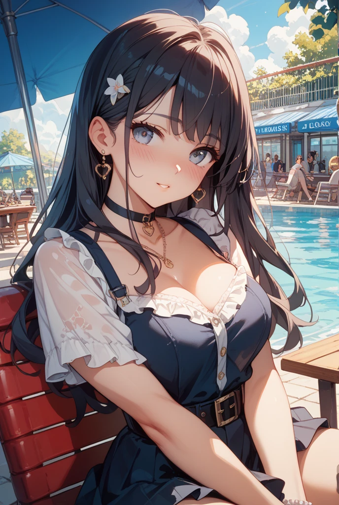 Highest quality、Highest quality、masterpiece、(8K),beauty(Age 25)、Navy blue long hair(Braiding of the sides)、blue eyes、Sexy Bikini(Plaid)、Big cleavage、(Big Breasts)、smile、blue necklace、Blue Earrings、background(Beach)、Please open your mouth wide、bracelet、Chest puffing pose、Blue choker