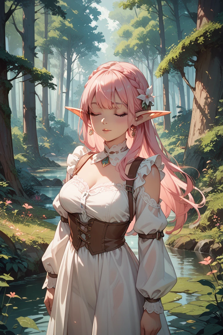 (8k, RAW photo, best quality, masterpiece:1.2), top quality, 8k, official art, full color, 1girl, elf, (young_girl:1.2), very long hair, (pink_hair:1.4), (light_hair:1.2), (shiny_hair:1.2), ahoge, purple_eyes, detailed_eyes, flowrs, hair_ornament, necklace, dress, mini_skirt, white_tights, white_thighs, hat, bare shoulders, long sleeves, feather arrangement, (large_breasts:1.1), village, forest, fantasy, professional light, standing, <lora:add_detail:1>, UnrealisticDream BadDream