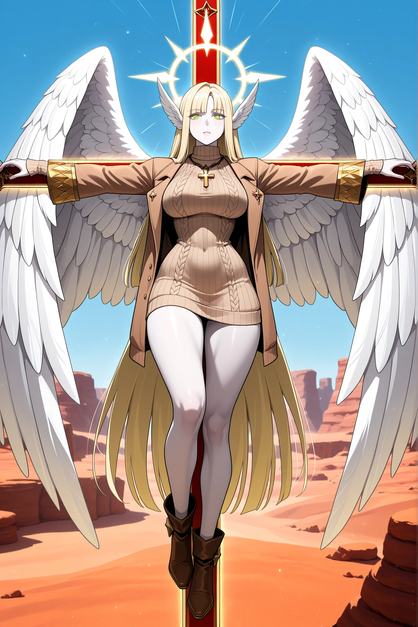 The winged woman is angel. She has a mature bodybuilding with big breasts , thin waist and wide hips. She has a peachy pale skin. She has glowing green eyes with star sigils. She has fluffy feathered winged ears on her head. She has longest blond gold straight hair, with symmetrical flat straight bangs. She is wearing a longest skintight beige knitted sweater dress. She wearing a pastel brown knitted jacket with gold lacing on sleeves. she wearing a brown cowboy ankle boots - cossacks. She has a gold glowing halo with above her head. She has a four huge white wings on her back. She carries with her a red crucifixion-sword, an Orthodox Christian cross with eight ends. On the background: canyon , scarlet rocky desert,light blue sky of noon.