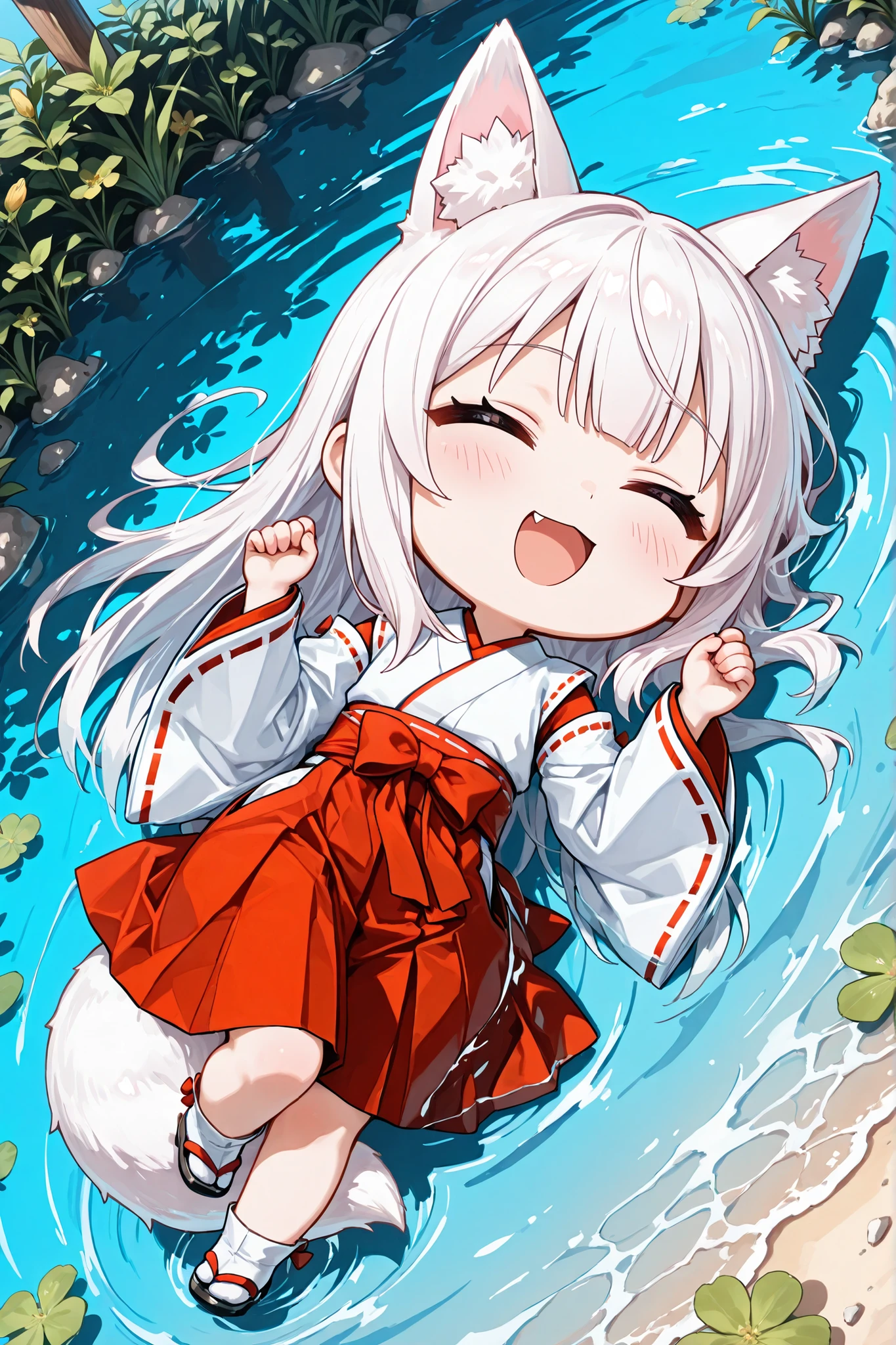 ((Masterpiece)),((best quality)),((incredibly absurdres)),((8K)),(anime style),chibi,
1 (chibi girl),(anime chibi),solo,white hair,long hair,straight hair, face,cute,kawaii,(white fox tail),(white fox ears),white ear hair,pink inner ear,
(open mouth-wide:1.1),laughing,(miko),Maiden miko outfit,wide sleeves,
Lying on the ground,
dynamic angle,from front,close-up,portrait,
