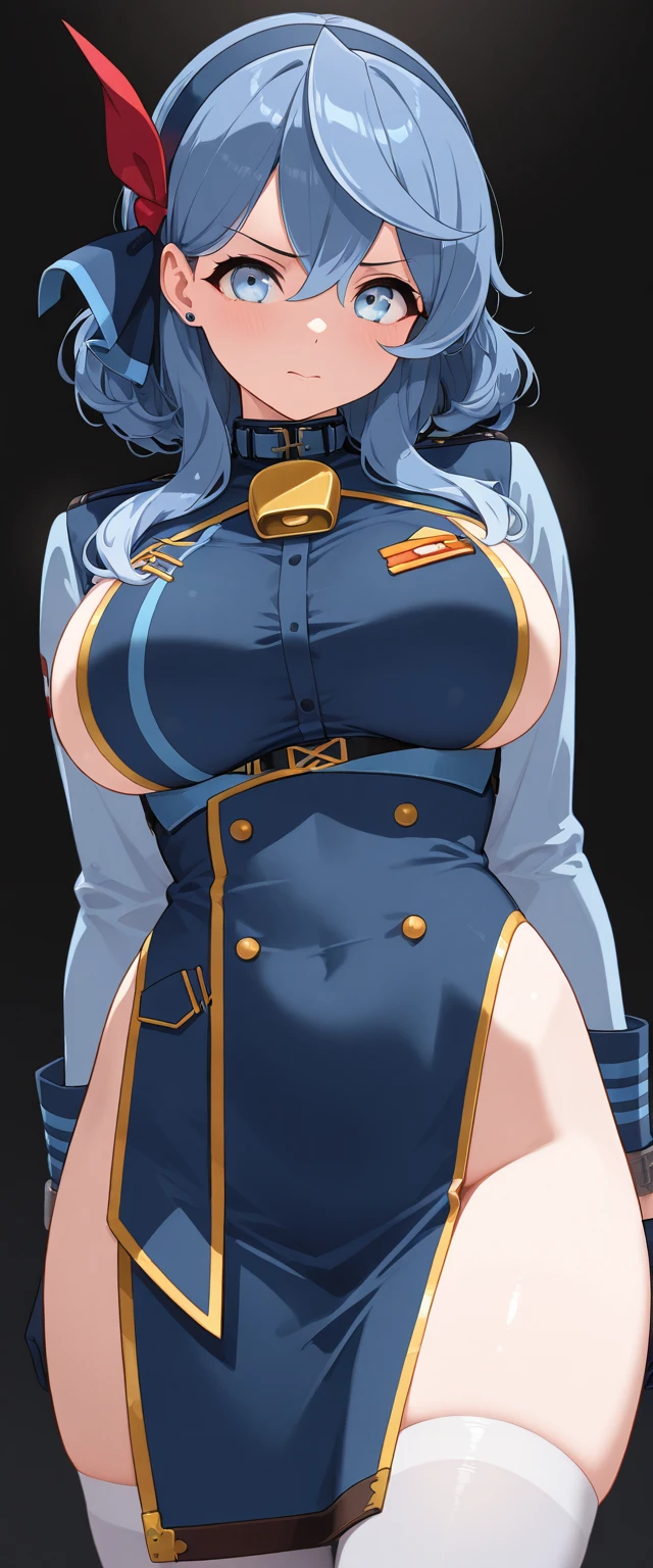 score_9, score_8_up, score_7_up,
1girl, h1k4g3_31j1, pink hair, blue eyes, pink eyebrows, long hair, blue hairband, narrowed eyes, naughty face, blush, face focus, cleavage, huge breast, tongue out, salute, hand on hip, gold earrings, large breasts, jewelry, military cap, (military uniform), (epaulette), jacket, harness, thigh strap, black thigh boots, (pencil skirt), miniskirt,