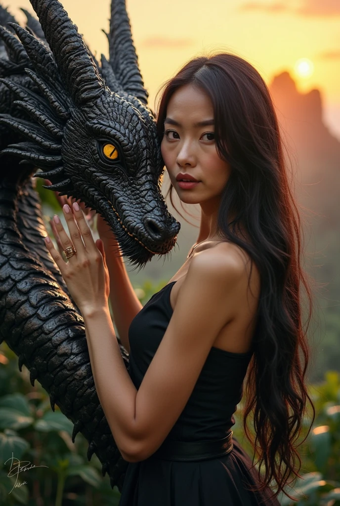 a nineteen-year-old American girl with a statuesque body, wearing a long black dress that is tight to the body with a low-cut back that leaves the blue dragon tattoo design on display, taking up space on the back. Her hair is long and black with light blue at the ends.. Skin color is light. Behind her is a large blue dragon with a morning star tipped tail..

